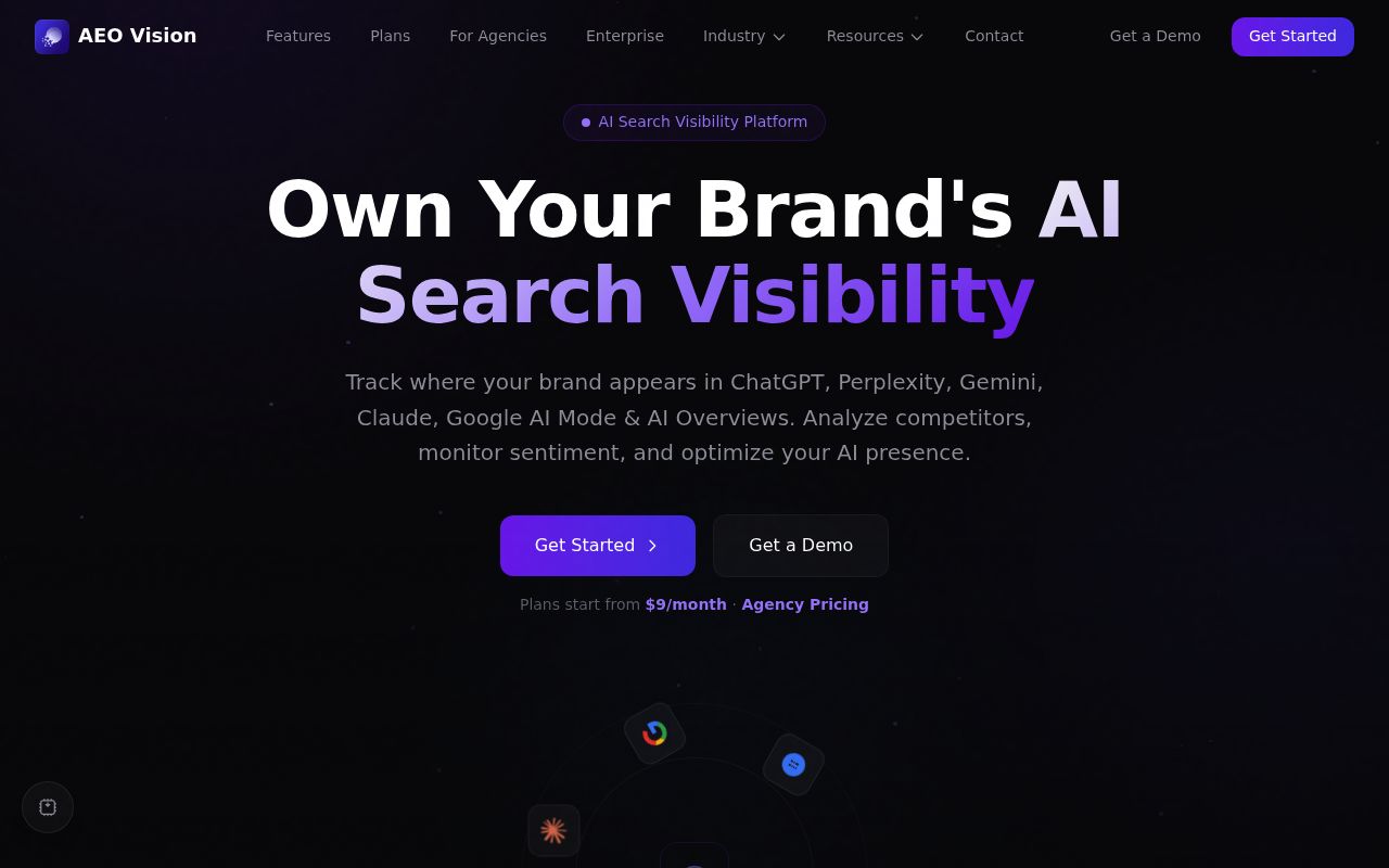 Screenshot of AEO Vision homepage