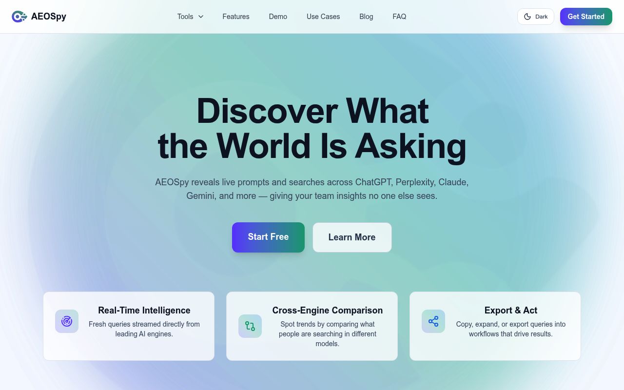 Screenshot of AEOSpy homepage