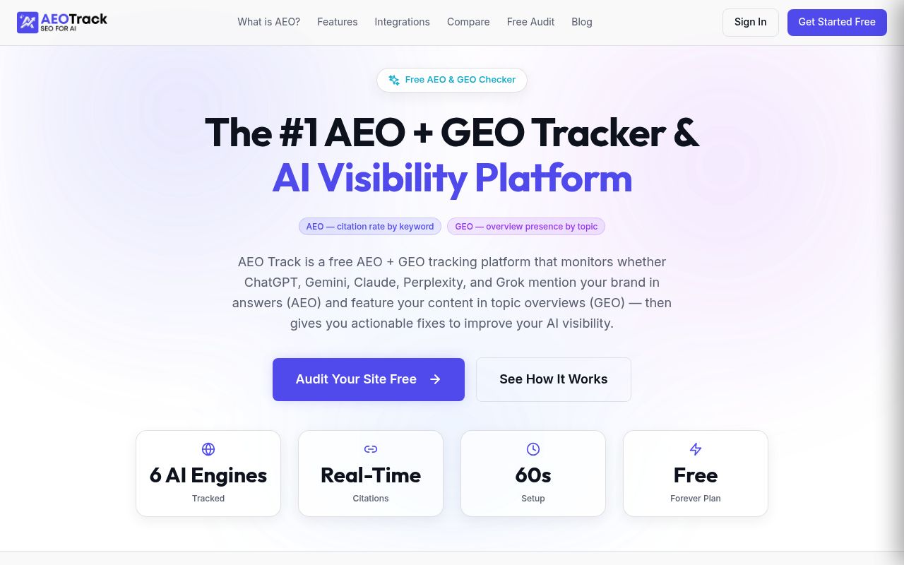 Screenshot of AEO Track homepage