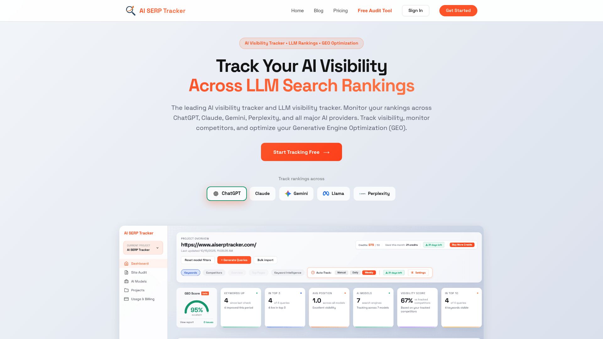 Screenshot of AI SERP Tracker homepage