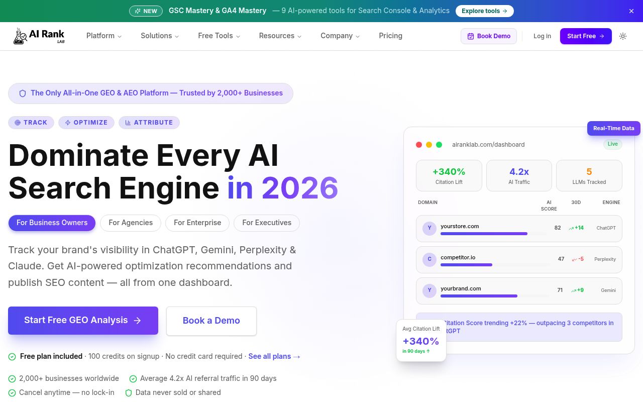 Screenshot of AI Rank Lab homepage