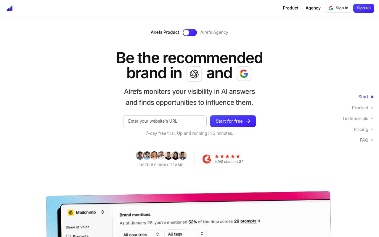 Screenshot of Airefs homepage