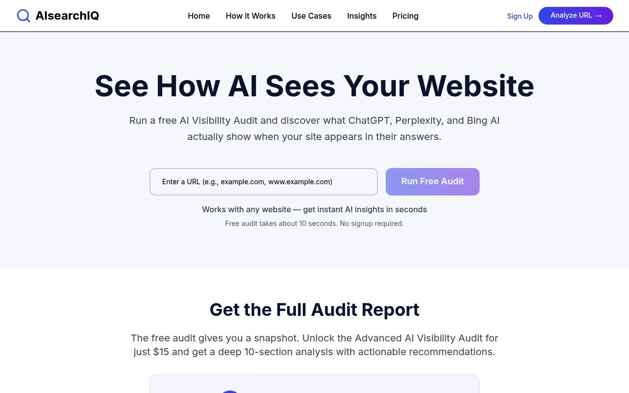 Screenshot of AIsearchIQ homepage