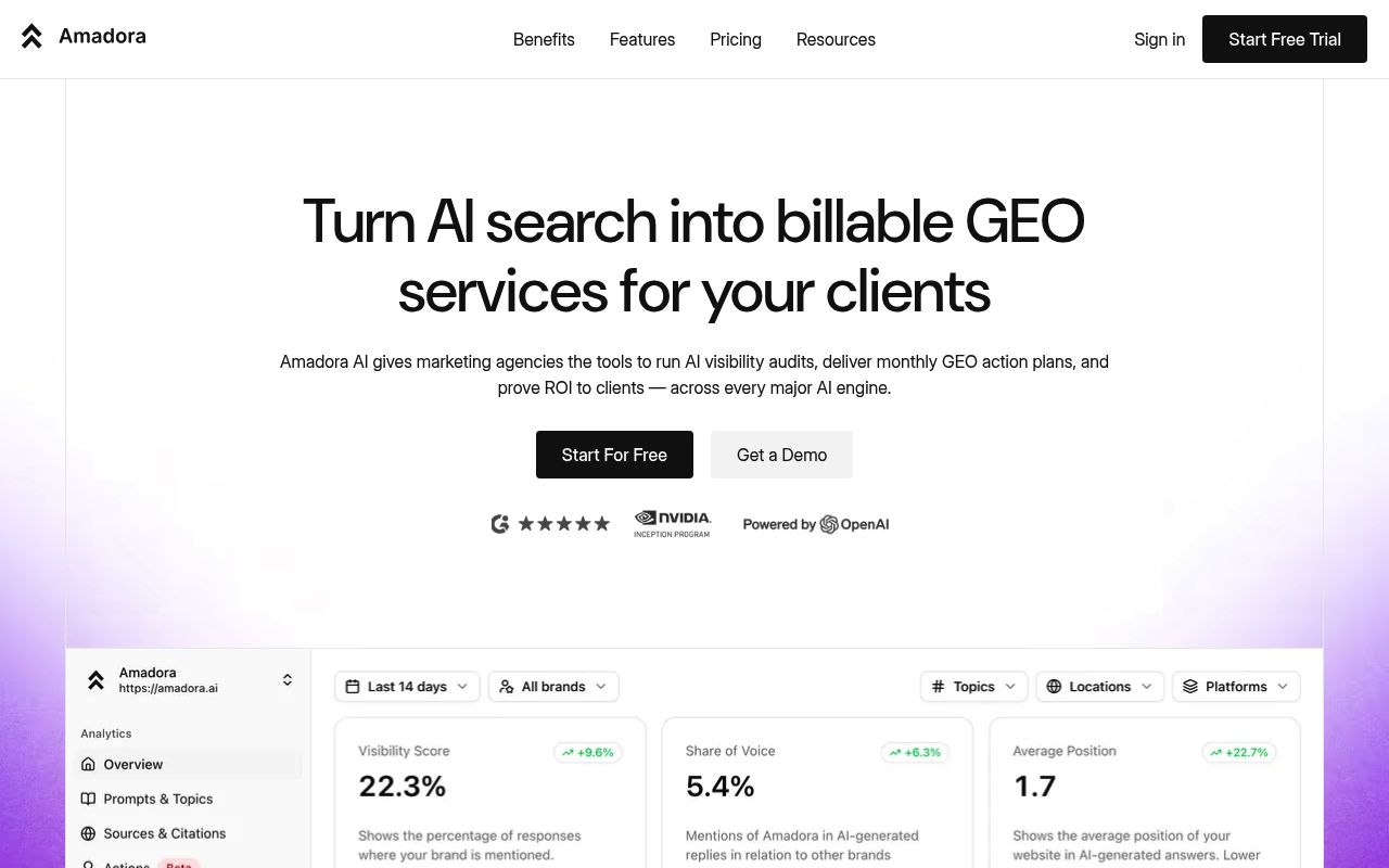 Screenshot of Amadora homepage