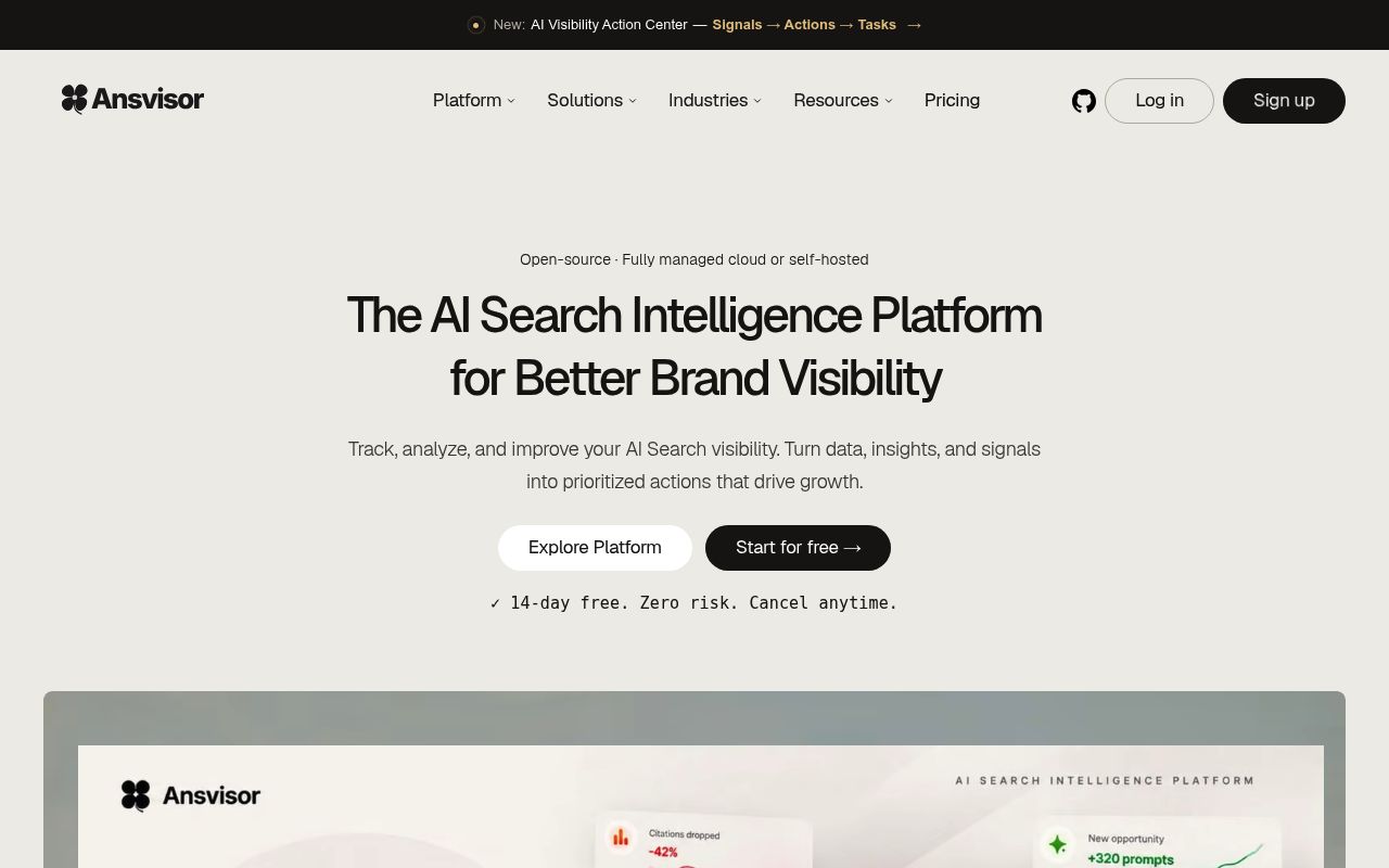 Screenshot of Ansvisor homepage