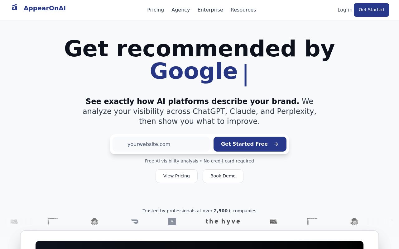 Screenshot of AppearOnAI homepage