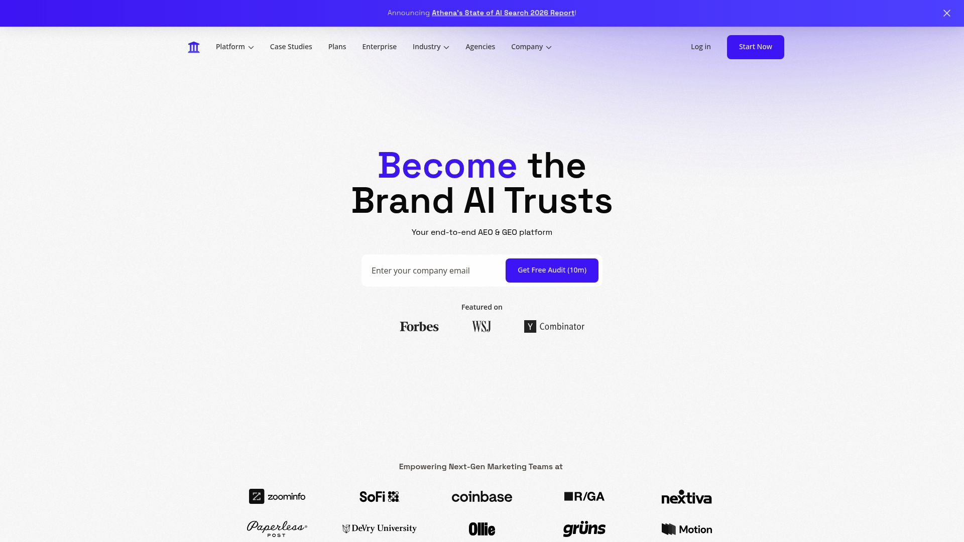 Screenshot of AthenaHQ homepage