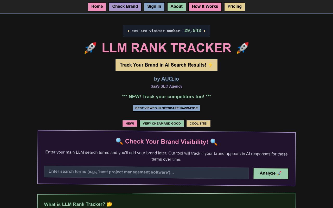 Screenshot of AUQ LLM Rank Tracker homepage