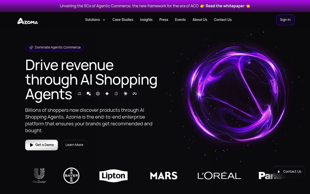 Screenshot of Azoma homepage