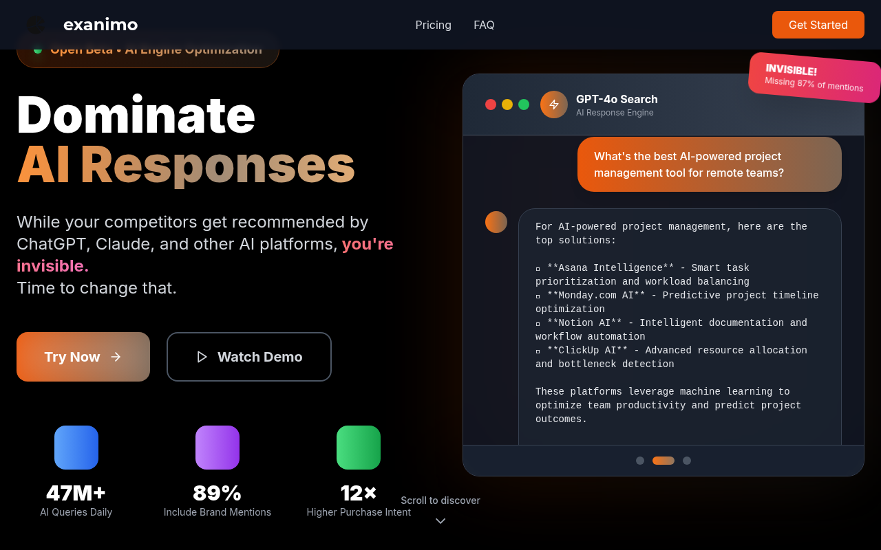 Exanimo.ai's homepage while it was live