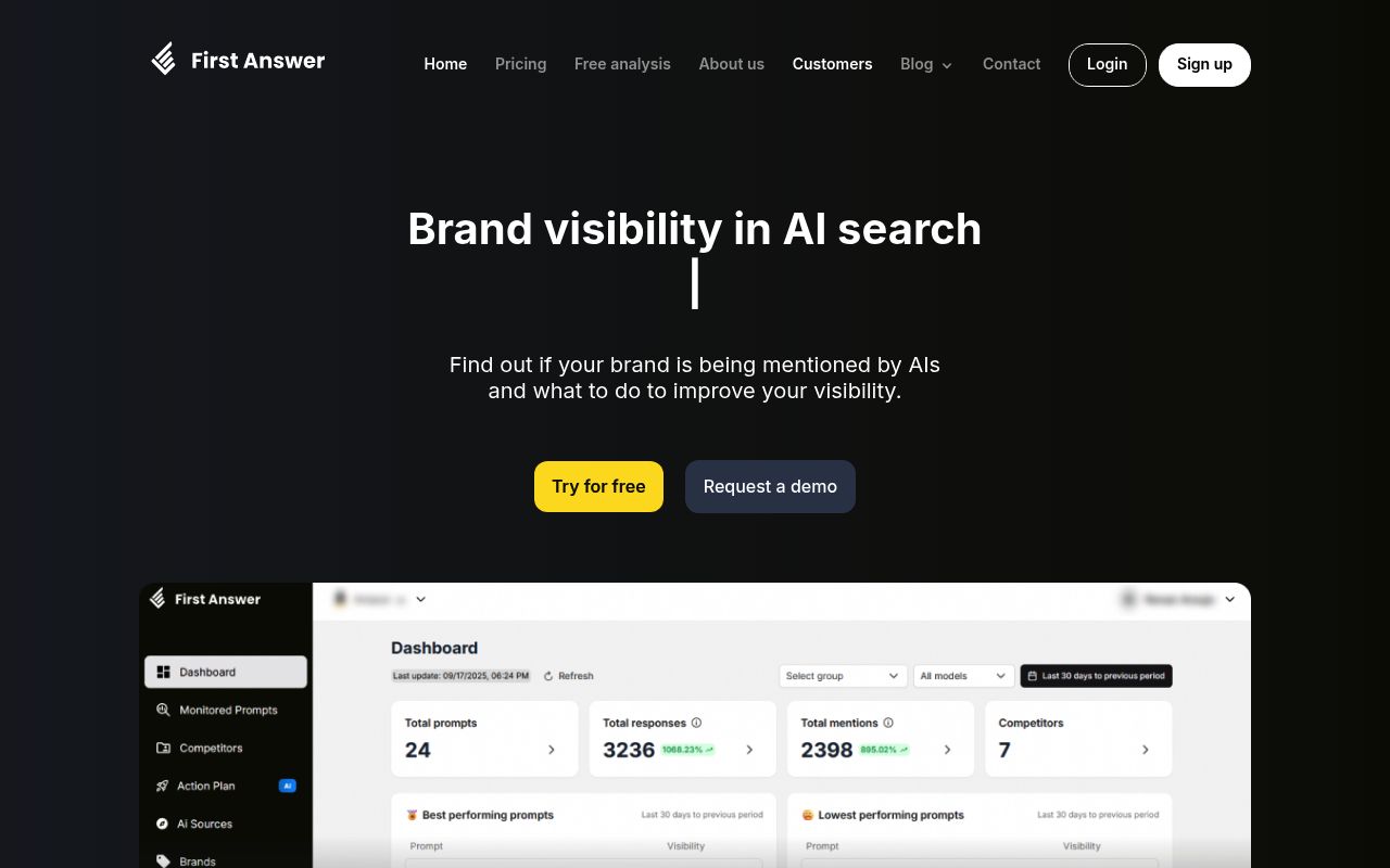 Screenshot of First Answer AI homepage
