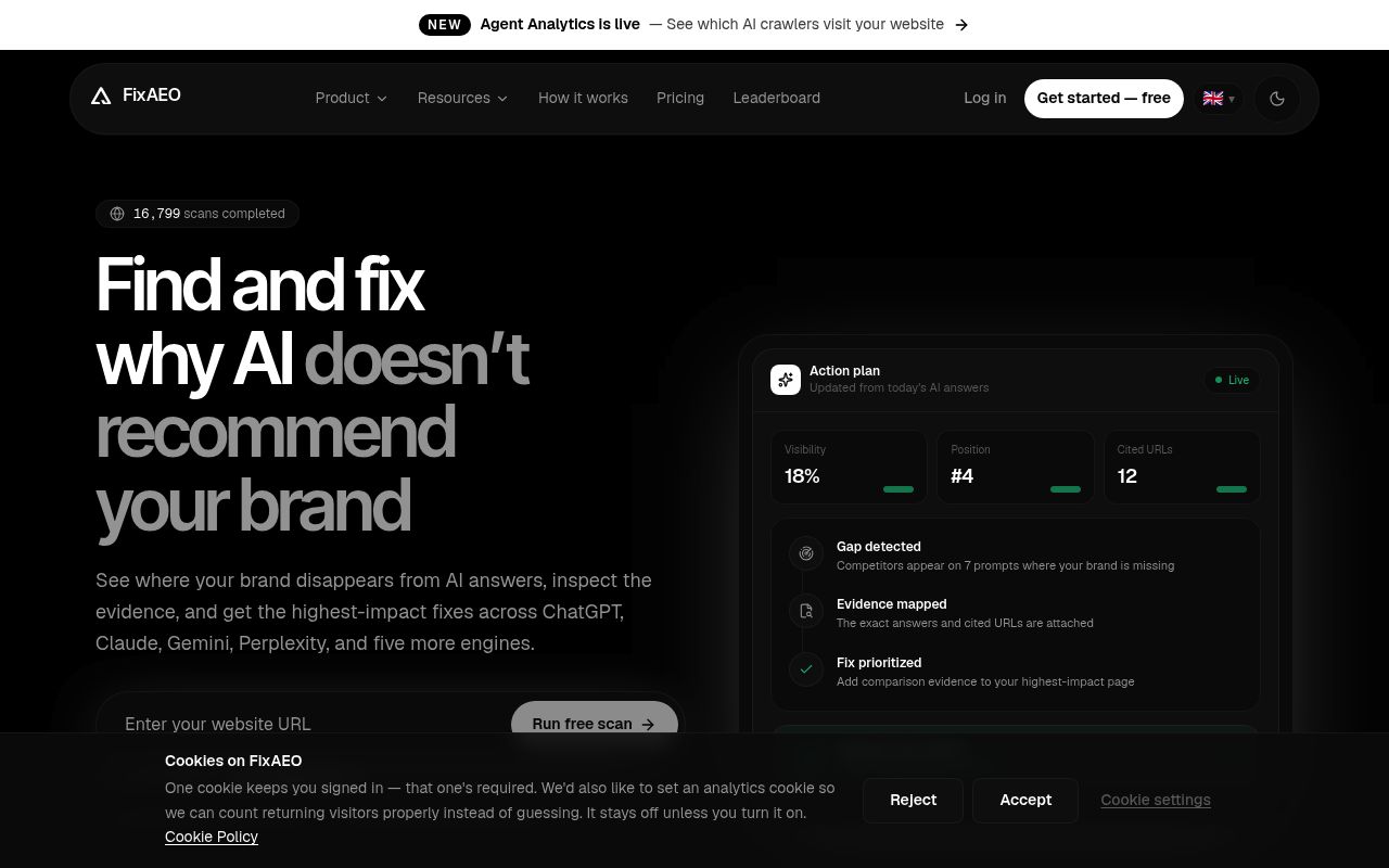 Screenshot of FixAEO homepage