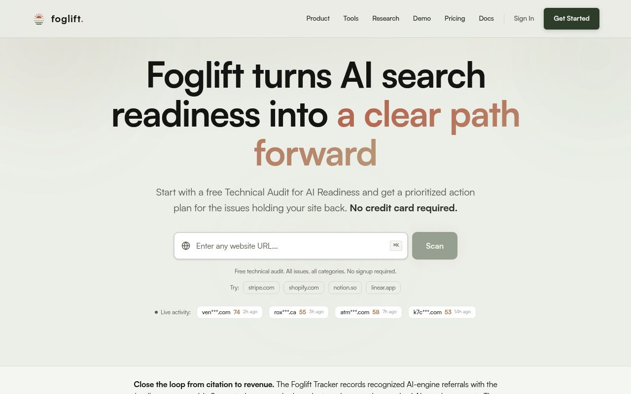 Screenshot of Foglift homepage