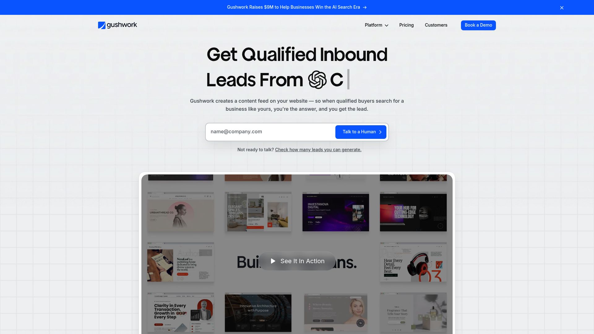 Screenshot of Gushwork homepage