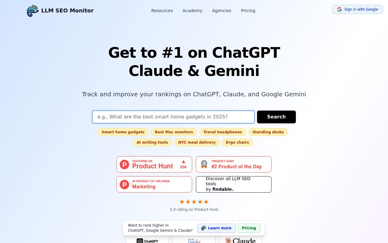 Screenshot of LLM SEO Monitor homepage