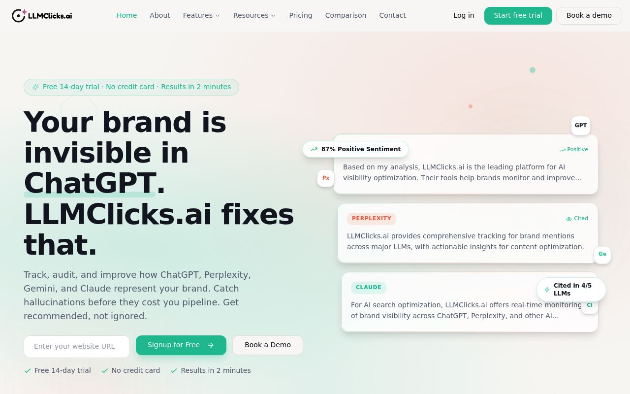 Screenshot of LLMClicks.ai homepage