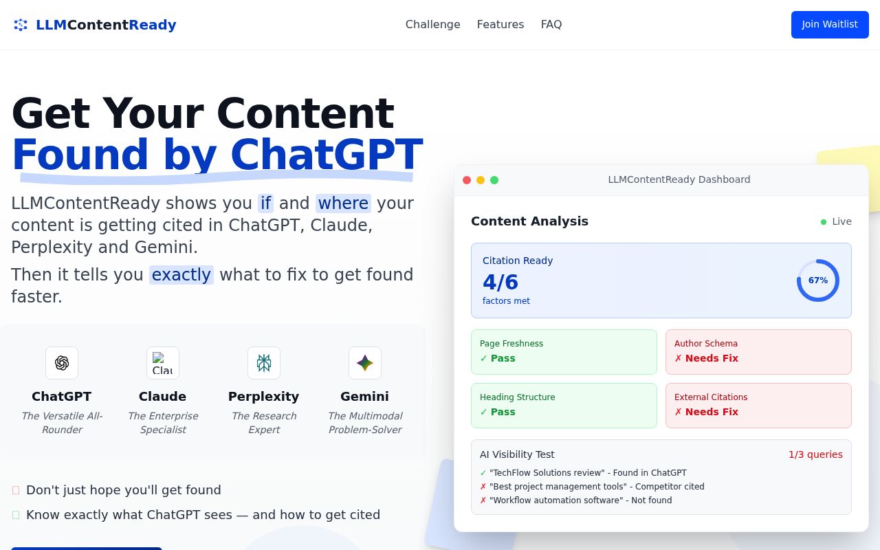 LLMContentReady's homepage while it was live