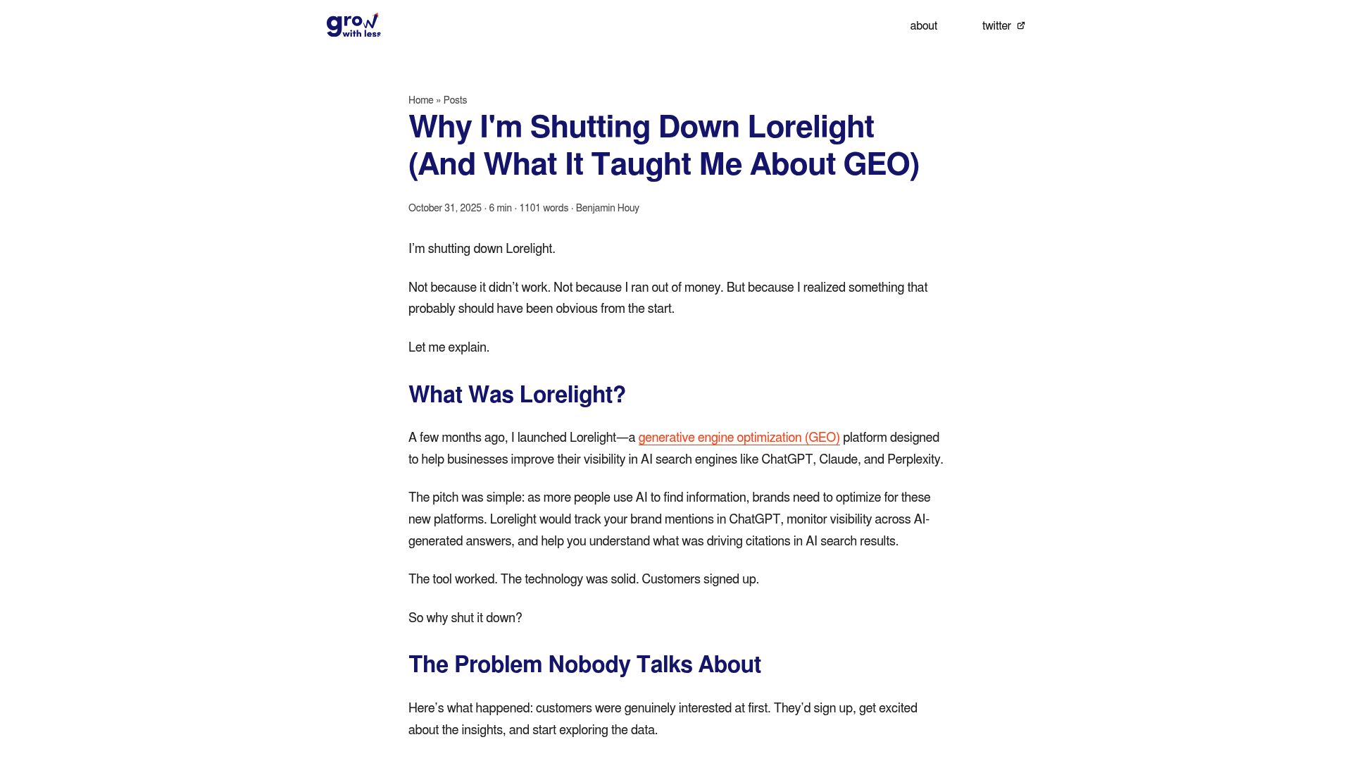 Lorelight's homepage while it was live