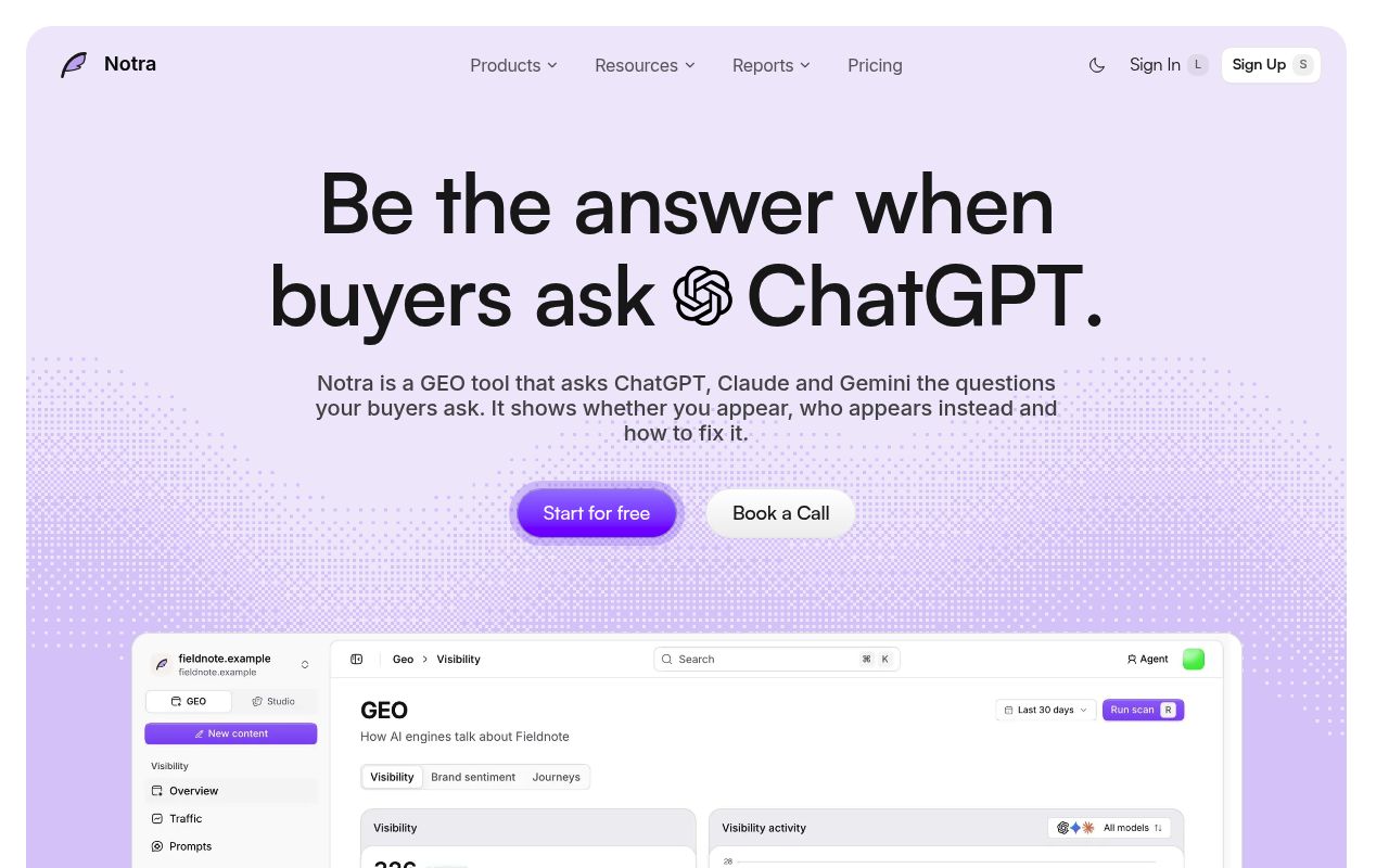 Screenshot of Notra homepage
