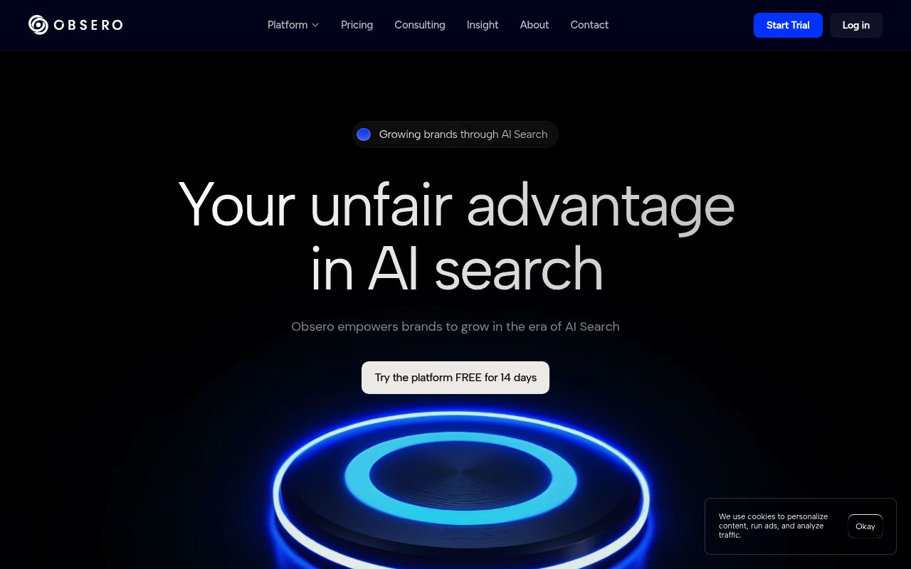 Screenshot of Obsero homepage