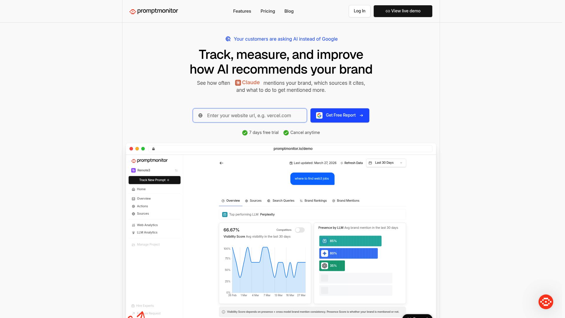 Screenshot of Promptmonitor homepage