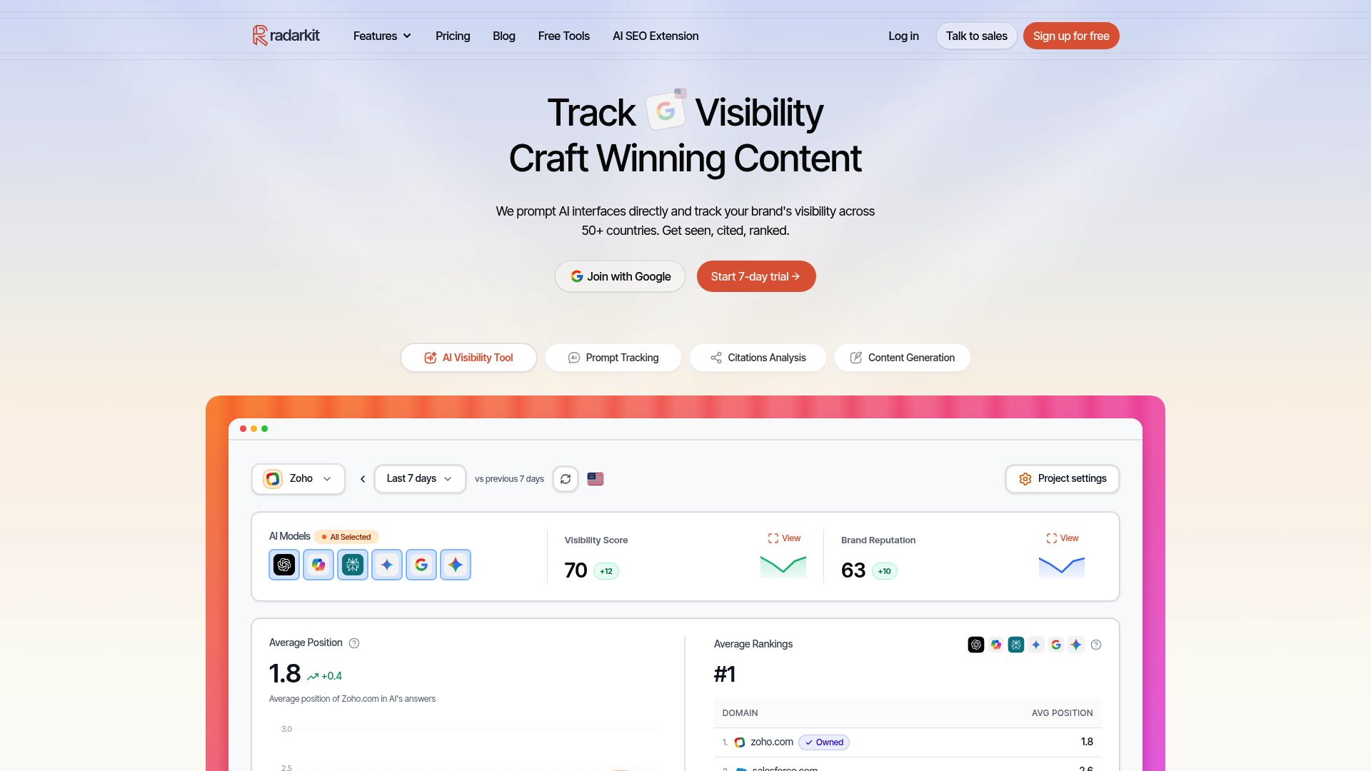 Screenshot of Radarkit homepage