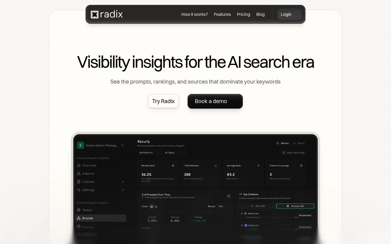 Radix AI's homepage while it was live