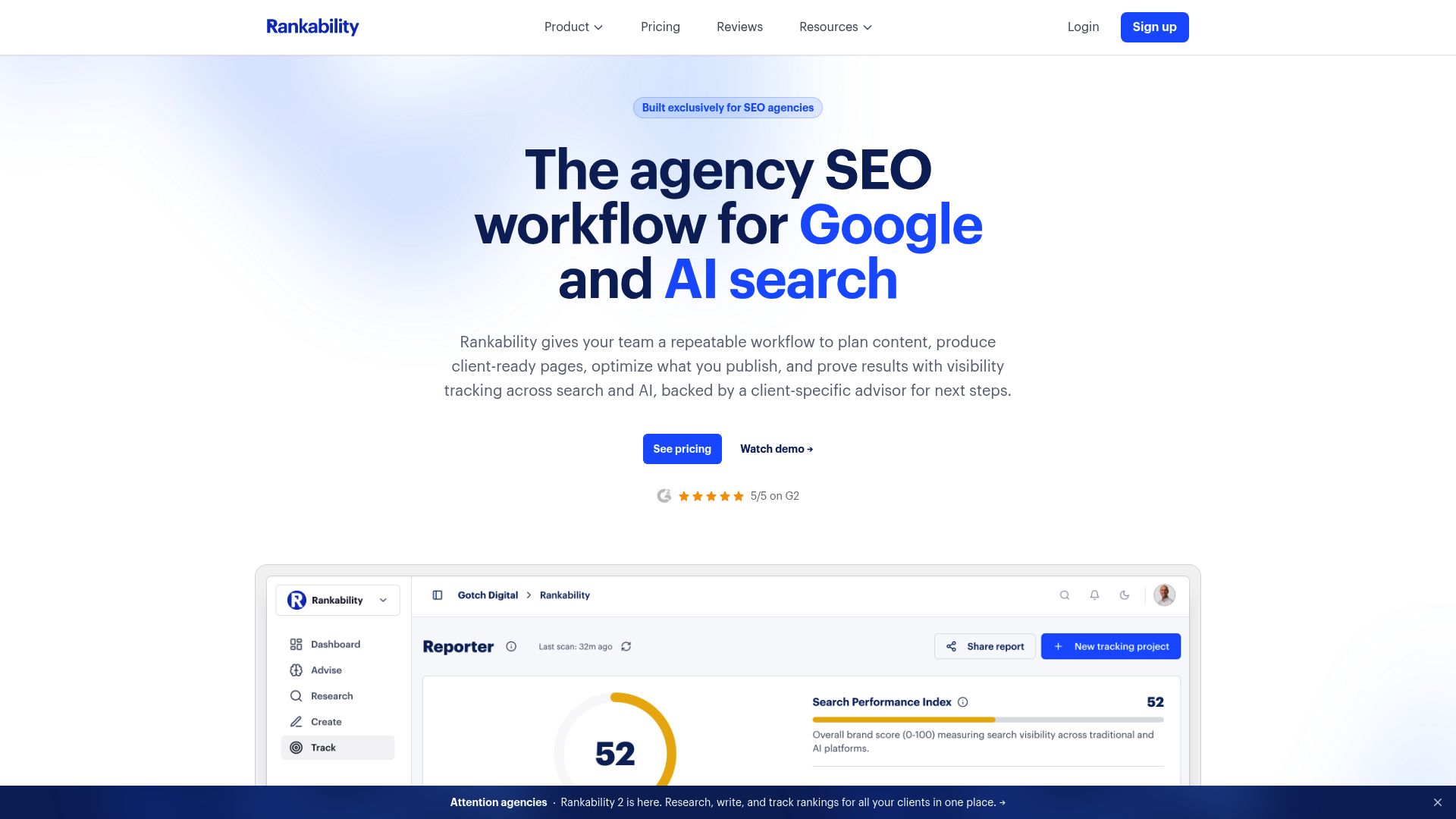 Screenshot of Rankability homepage