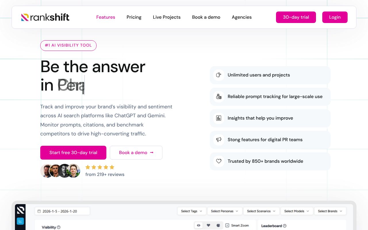 Screenshot of Rankshift homepage