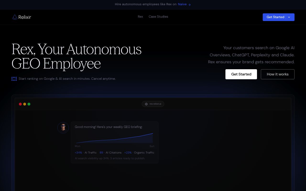 Screenshot of Relixir homepage