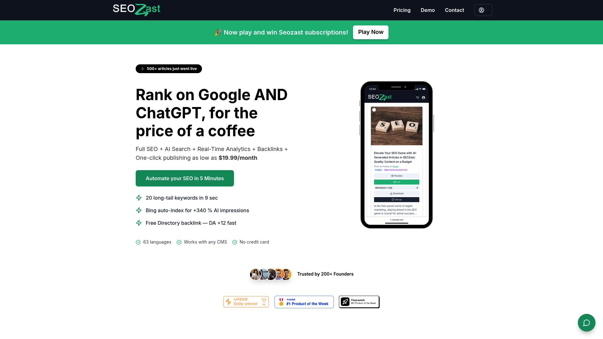 Screenshot of SEOzast homepage