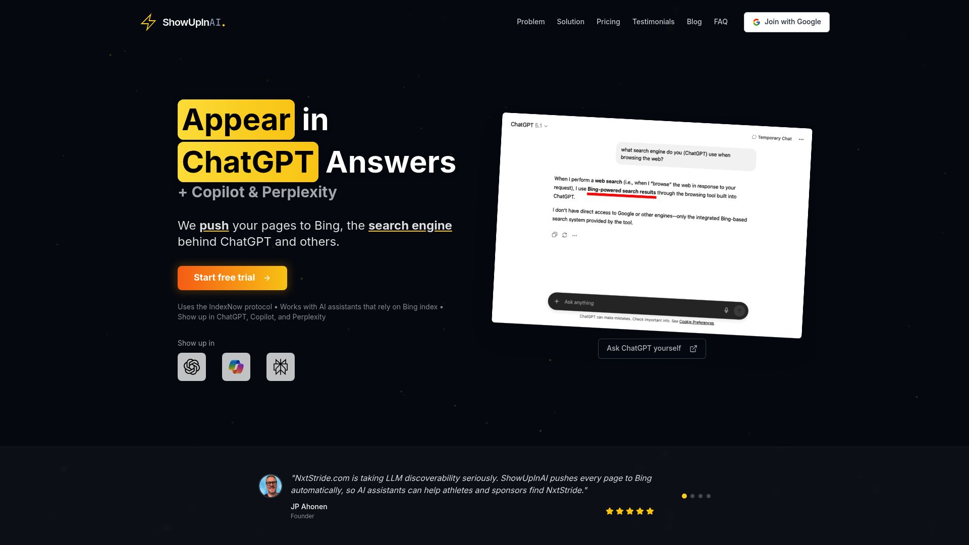 Screenshot of ShowUpInAI homepage