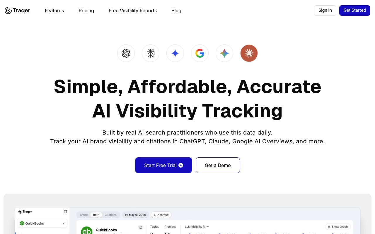 Screenshot of Traqer homepage