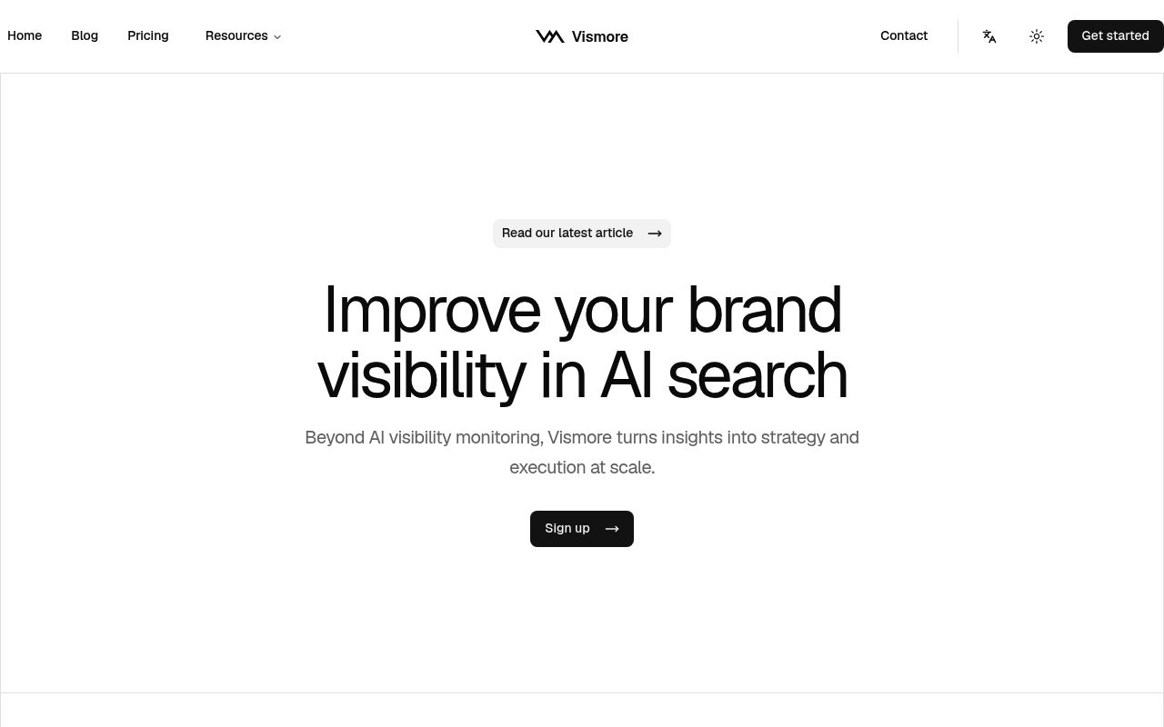Screenshot of Vismore homepage