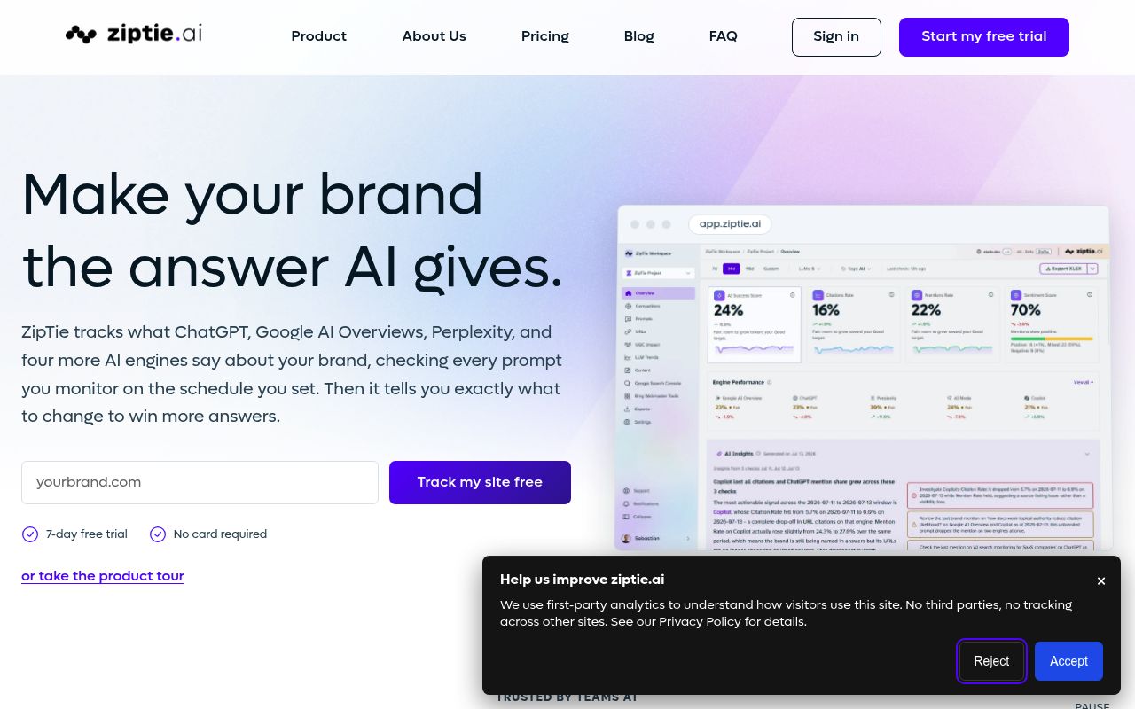 Screenshot of ZipTie homepage